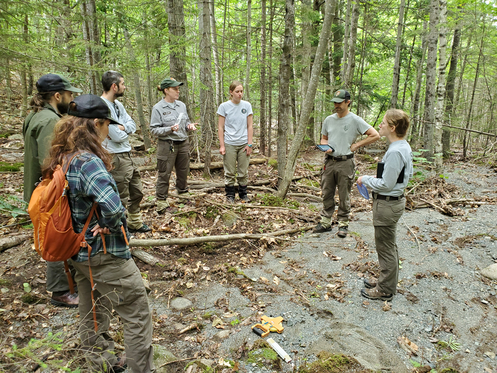 Acadia National Park Resource Management staff prepare to collect field data for use in assessing the damage to the streams and forests from the storm.