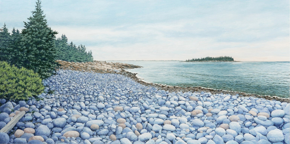 Janice Anthony, Schoodic Shore, 2021, acrylic on linen, 19 by 38 inches