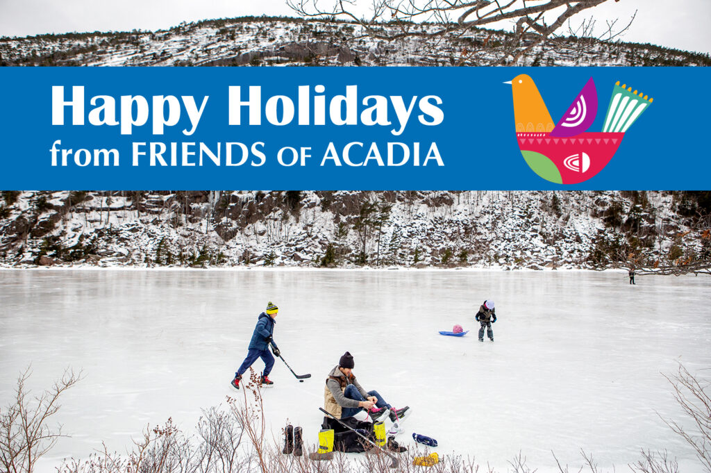 Friends of Acadia holiday message with ice skaters and bird art