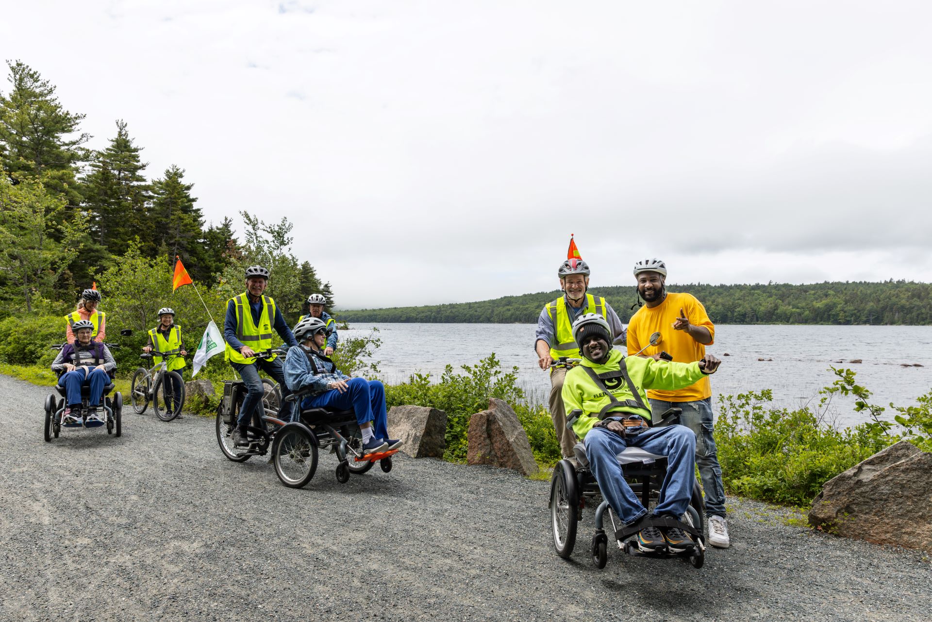 A group rides with MDI Wheelers near Eagle Lake (Julia Walker Thomas/Friends of Acadia)