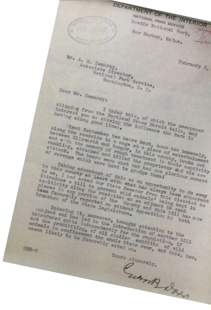 A letter from Acadia National Park’s first superintendent George B. Dorr informs his superiors about efforts to outlaw roadside zoos in Maine.