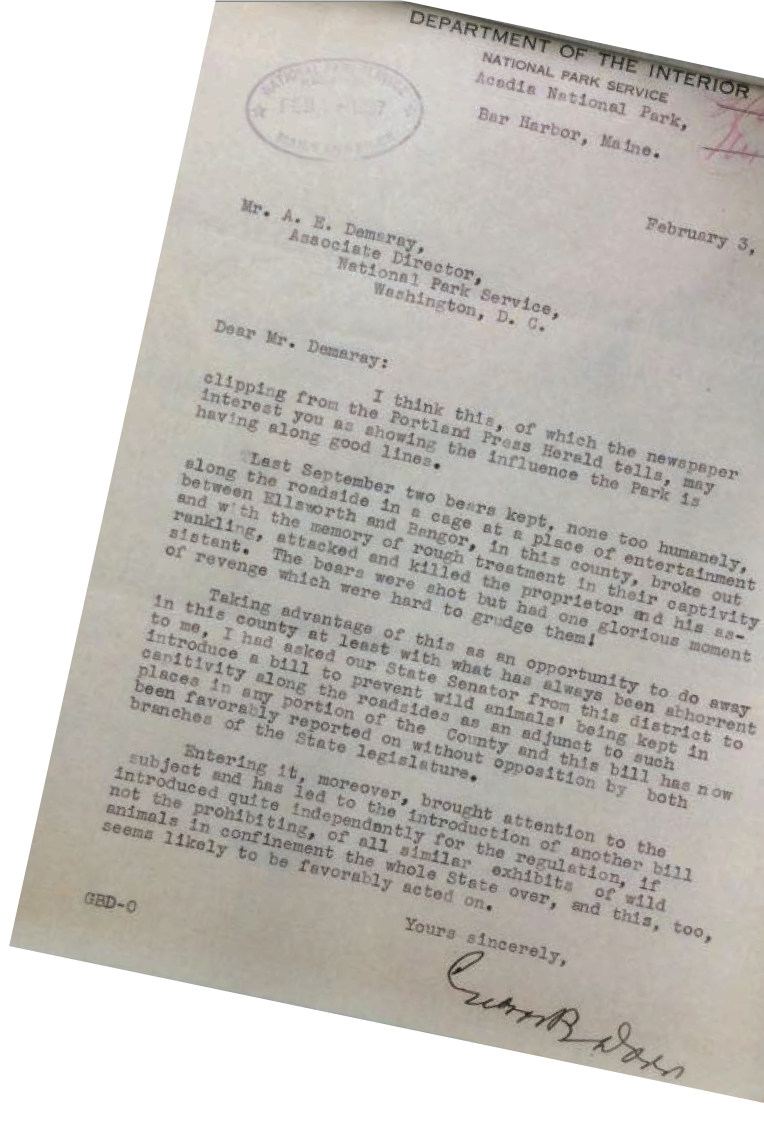 A letter from Acadia National Park’s first superintendent George B. Dorr informs his superiors about efforts to outlaw roadside zoos in Maine.