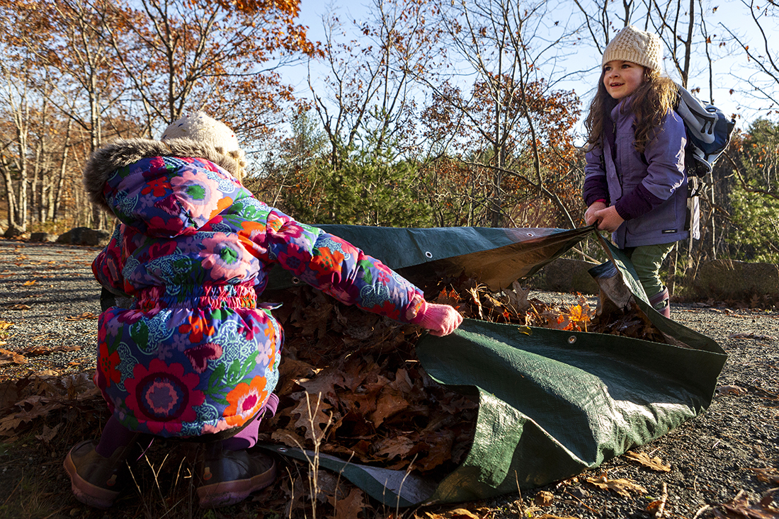 Allie Donaldson (left), 6, and Emily Ellis (7), work to clear leaves from the carriage road as part of Take Pride in Acadia Day